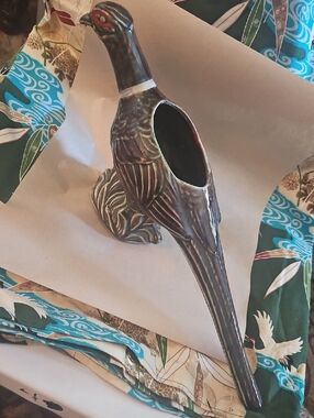 Ceramic Pheasant Figurine Vase in Iridescent Dark Green